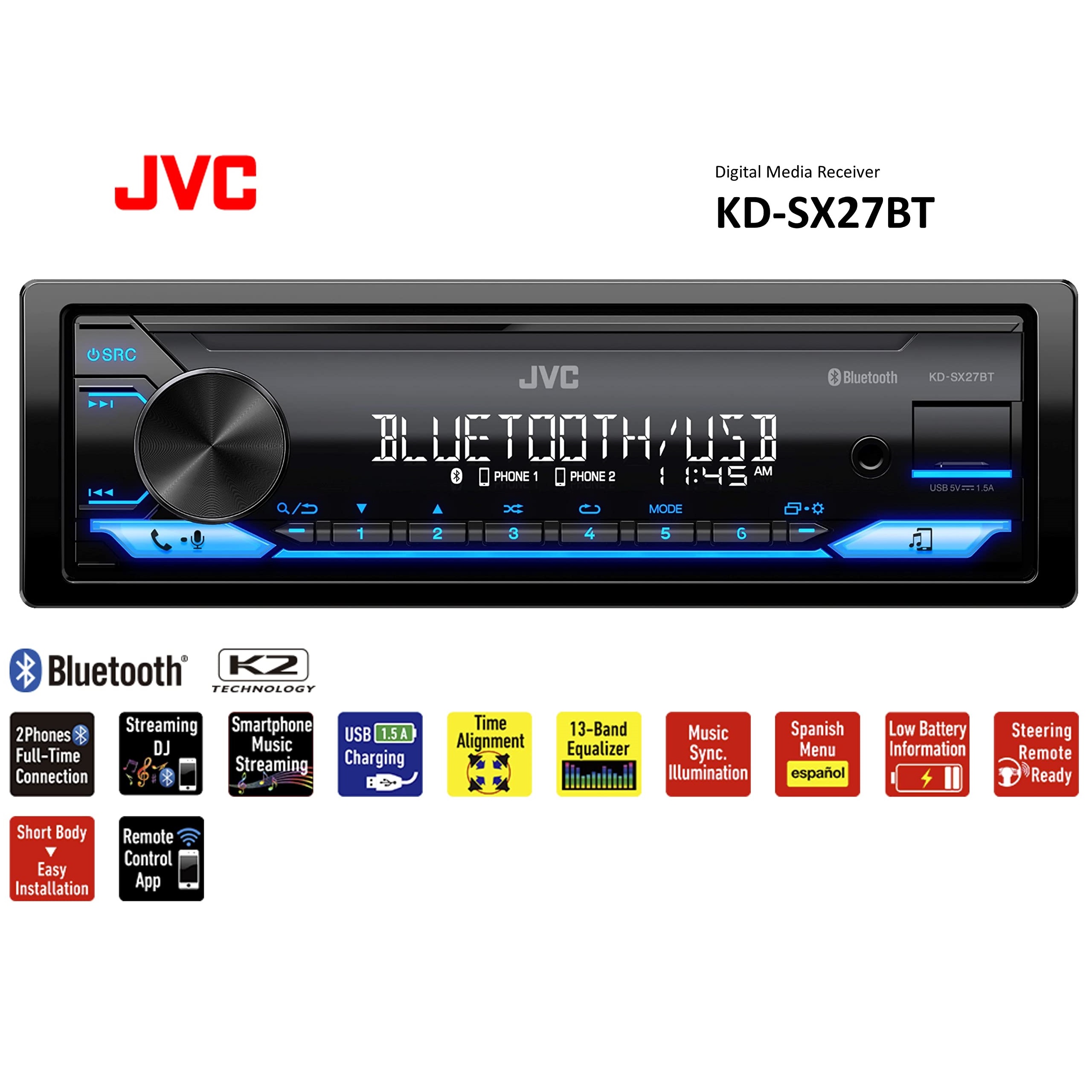 جهاز ستيريو سيارة JVC KD-SX27BT مزود بتقنية بلوتوث
